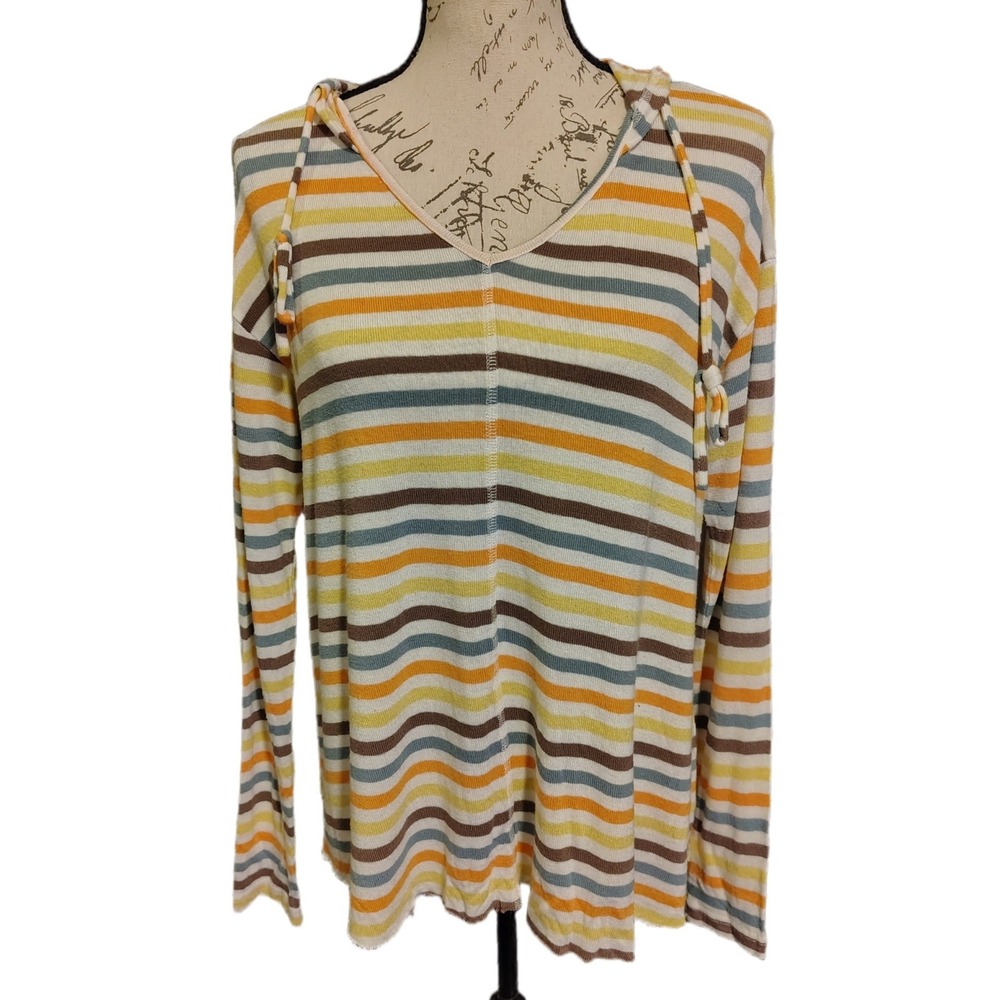 Easel Womens Striped 70s Boho Lightweight Knit Hoodie M Retro Earth Tones Y2K